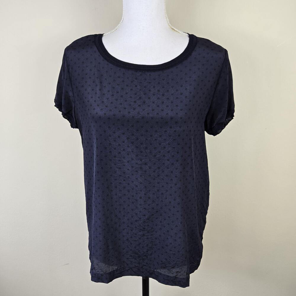 Uniqlo Ines De La Fressange Shirt Womens Medium Blue Silk Polka Dot Short Sleeve